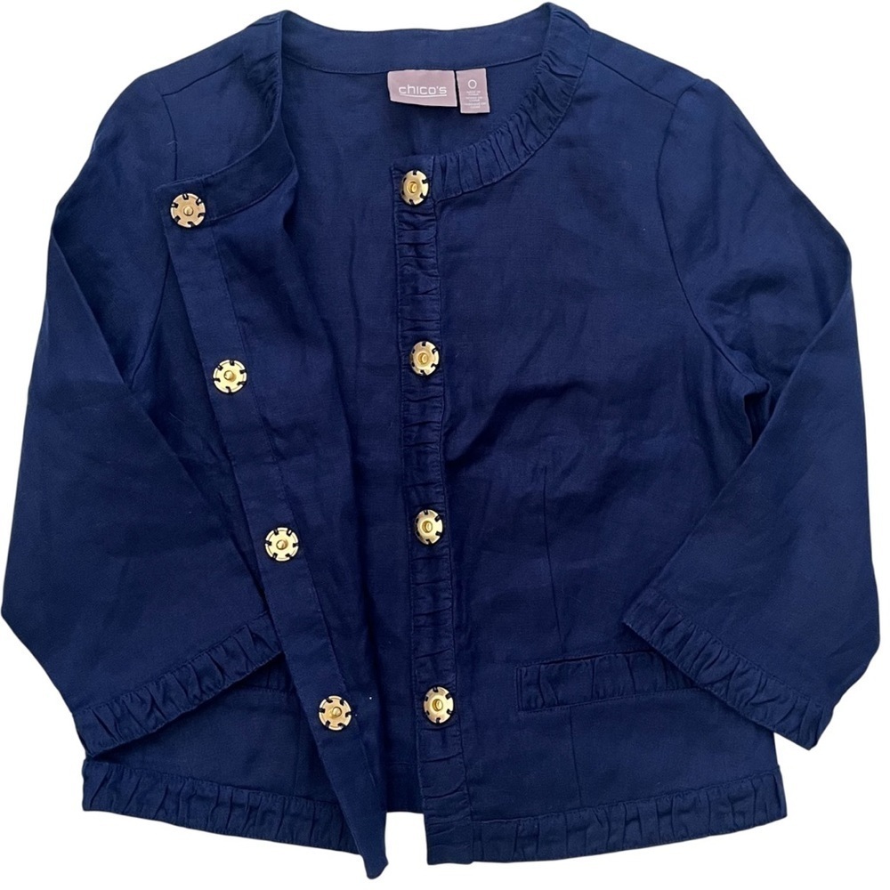 Chicos 100% Linen Ruffled Jacket Navy Blue Snap Front Feminine Natural Fiber - Picture 3 of 7